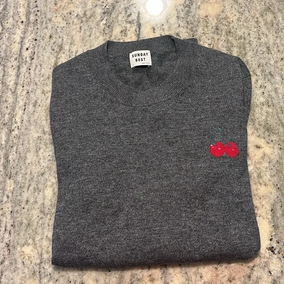 NWOT Artizia Sunday Best Abby Crewneck Wool Sweater Grey w/ Cherry detail Sz S - Picture 2 of 9